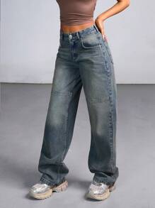 EURMUSE Casual Washed Loose Straight Leg Jeans - Medium Wash - View 5