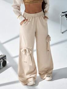 EURMUSE French Terry Pants, Ribbon Pants, Causal, Pretty Style, Pants - Beige - View 1