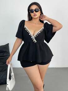 Flirla Plus Size Romantic Shell Strap Crisscross Collar A-Line Blouse - Black - View 3