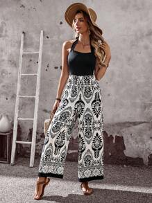 EMERY ROSE Summer Outfits For Women,Allover Print Halter Neck Casual Jumpsuit For Summer Holiday - Black and White - View 6