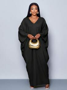 SOLERSUN Women's Plus Size Spring/Summer Elegant Vacation Solid Color V Neck Batwing Split Hem Long Dress - Black - View 5
