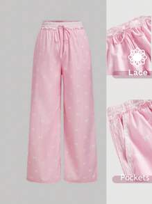 SHEIN MOD Pantaloni taglia comoda con vita regolabile in rosa, fantasia a nodo bianco, effetto bicolor, con tasche in pizzo