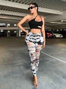 SHEIN SXY Plus Size Women's Fashion Street Style Sexy Ripped Tie-Dye Print Tight Leggings, Suitable For Sports, Yoga, Everyday Wear, Western Wear, Cruise Attire, Music Festival, Concert, Carnival Party, Beach Vacation, Date Night, Birthday, Bachelorette Party, Club, Cute, Casual, Shopping, Streetwear, Going Out, Easy To Match & Looks Slim, Accentuates The Body, Flatters The Figure Camo Cow Print