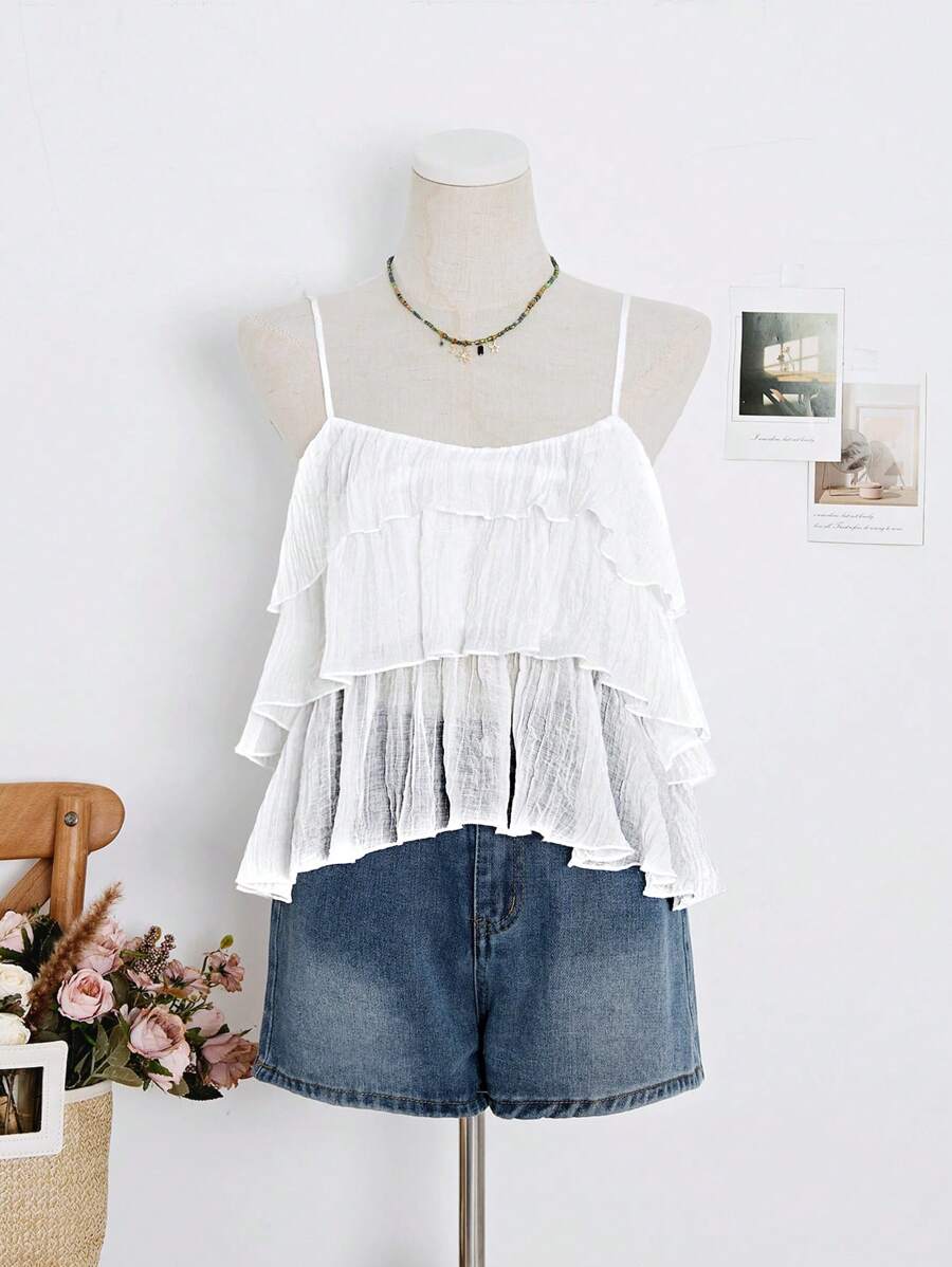 SHEIN Unity Women's Casual Solid Color Pleated Ruffle Spaghetti Strap For Holiday & Daily, Spring/Summer - White - View 1