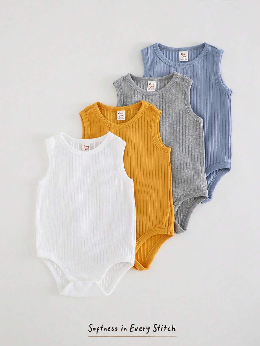 Cozy Pixies 4 Piece Set Baby Boy Solid Color Knitted Soft Crew Neck Sleeveless Bodysuit, Casual & Versatile - Multicolor - View 1