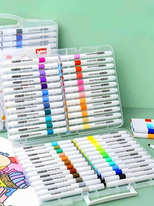 12/24/36 Color Set Round Acrylic Marker Pens Box, Water-Based Paint Brush Set For Drawing, Sketching, And Creating Beautiful ArtworkOffice, School, Drawing,Student,Markers,Stationery
