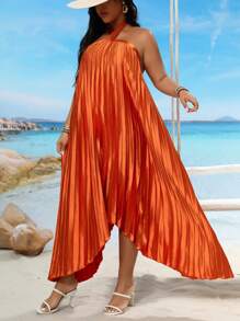 SHEIN Clasi Plus Size Pleated Strap A-Line Dress For Women, Vacation Wear - Orange - View 4