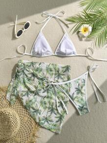 SHEIN Swim Conjunto de Maiô Bikini de 3 Peças com Sutiã Cortado, Halter e Amarração Lateral em Sarong, Estampa Aleatória de Folha de Coqueiro em Malha, para Mulheres - Multicolorido - Visão 5