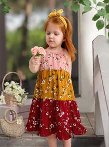 SHEIN Gaun Bayi Perempuan Longgar Kasual Sederhana Nyaman Manis Imut Motif Bunga Patchwork - Berwarna merah muda - View 6