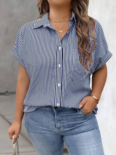 EMERY ROSE Camisa Casual Solta de Manga Curta Morcego Plus Size Listrada para Mulheres, Camisa Listrada