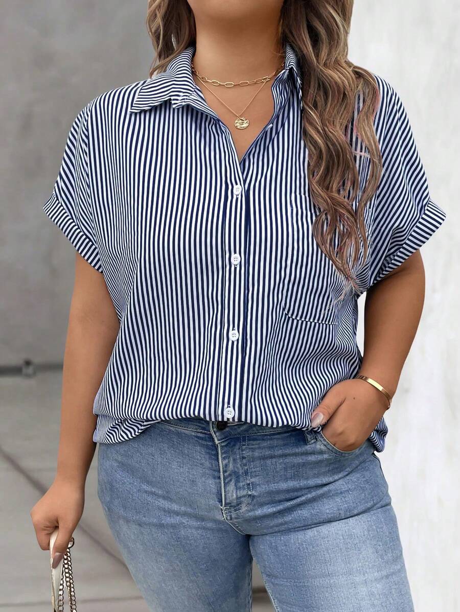 EMERY ROSE Blusa casual holgada de manga corta de murciélago a rayas para mujer de talla grande, camisa a rayas