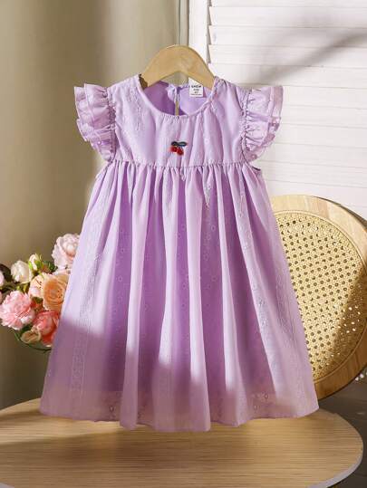 1 件女童可爱樱桃图案 A 字短款盖袖连衣裙