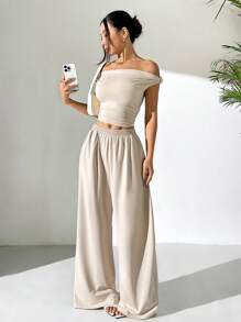 SHEIN EZwear 女式不对称领口上衣和裤子两件套，夏季 - 杏色 - 查看 6