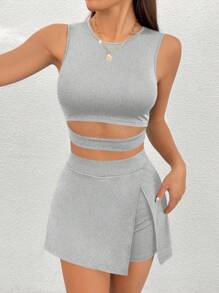 SHEIN PETITE 2pcs/Set Women Solid Color Waist Cutout Cami Top And Slit Hem Skort Set - Light Grey - View 6