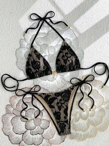 Swim SXY 2pcs/Set Sexy Lace Halter Triangle Bikini Swimsuit Set For Summer Beach Vacation - Black - View 3