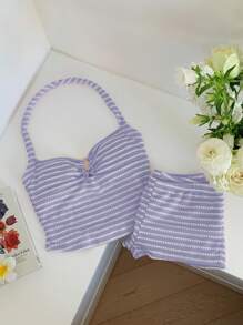 Comfortcana Stripes Print Halter Top And Ultra Shorts 2 Pieces Casual Outfit Set For Summer - Mauve Purple - View 3