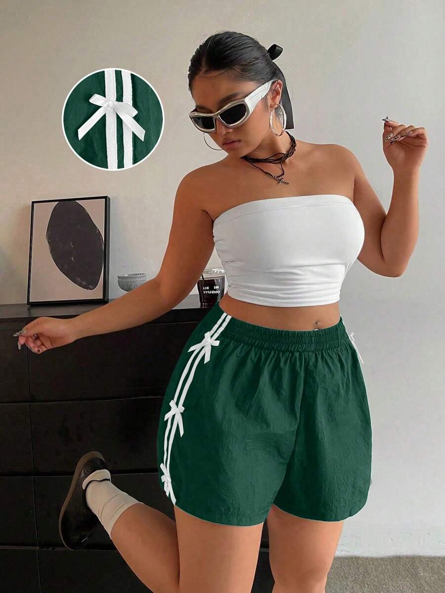 POPSWAY Plus Size Summer Casual Sports Bowknot Patchwork Striped Shorts - Dark Green - View 1