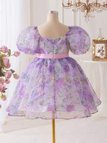 SHEIN Tween-Mädchen Organza-Kleid mit Blumendruck und Schleife und Puffärmeln, Prinzessinnenkleid, geeignet für Frühlingsausflüge, Urlaub, Geburtstagsfeiern, Abschlussbälle, Hochzeitssaison - Violett - Übersicht 2