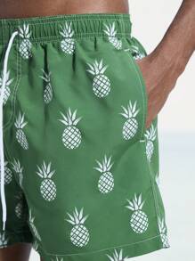 Surfspeed Men's Pineapple Print Drawstring Waist Beach Shorts, Summer - Army Green - View 6