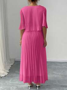 Elenzga Vestido elegante y encantador de gasa plisado de unicolor talla grande, primavera/verano - Rosa Fucsia - Ver 2