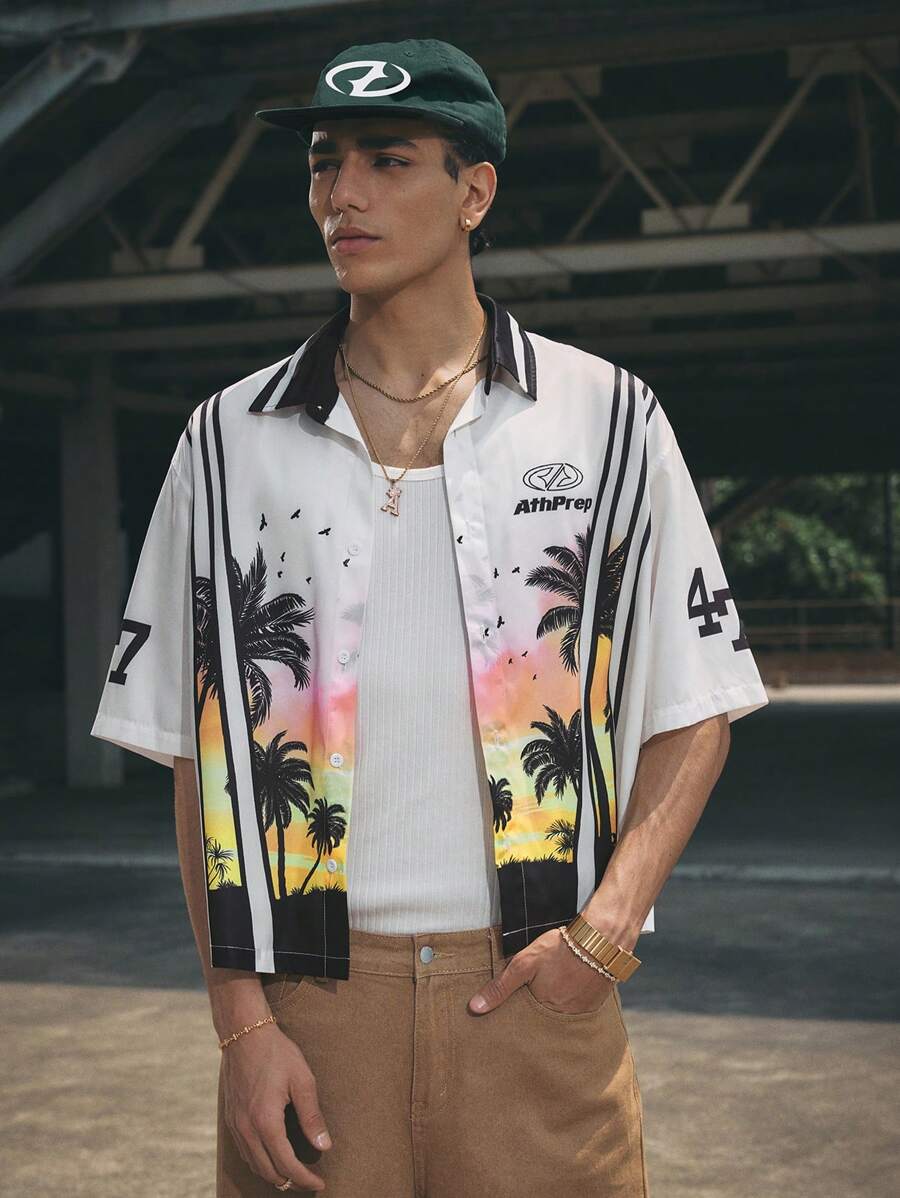 Manfinity NXTstreet Men's Casual Woven Coconut Tree Print Short Sleeve Shirt - White - View 1
