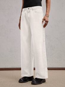 AKNOTIC Business Casual Men's Woven Slim Fit Mid-Waist Straight Leg Casual Jeans, Suitable For Autumn Season, School - White - View 4