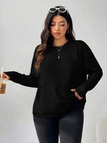 CovetEZ 大码纯色宽松长袖 T 恤 - 黑色 - 查看 5