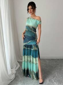 Elenzga 优雅褶饰腰部露肩领女式连衣裙 - 彩色 - 查看 3