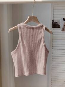 Comfortcana Áo hai dây chải gân màu trơn dành cho nữ, thích hợp mặc hàng ngày - Bụi hồng - Xem 2