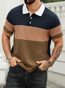 Manfinity Homme Plus Size Men's Casual Contrast Color Button Half-Placket Short Sleeve Polo Shirt, Summer - Multicolor - View 3