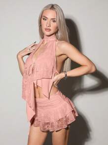 SHEIN ICON 夏季性感撞色蕾丝露背上衣和迷你裙两件套 - 粉色 - 查看 6