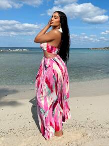 SHEIN SXY Plus Size Women's Hollow Ring Drawstring High Slit Tie Dye Printed Swing Dress, Suitable For Everyday Wear, Music Festival, Concert, Carnival Party, Beach Vacation, Date Night, Birthday, Bachelorette Party Outfit, Club, Cute, Casual, Shopping, Streetwear, Going Out, Coquette, Easy To Match & Look Slim, Accent Your Body, Flatter The Figure - Pink - View 6