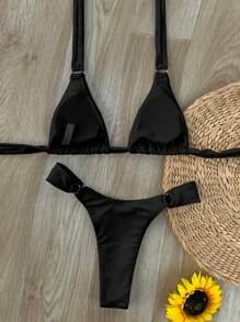 Swim SXY 2pcs New Fashionable Women Beach Holiday Outfits, Strap Solid Color Summer Two Pieces Bikini Set Sets Search Black Vacation - Black - View 6