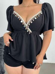 Flirla Plus Size Romantic Shell Strap Crisscross Collar A-Line Blouse - Black - View 5