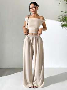 SHEIN EZwear 女式不对称领口上衣和裤子两件套，夏季 - 杏色 - 查看 5