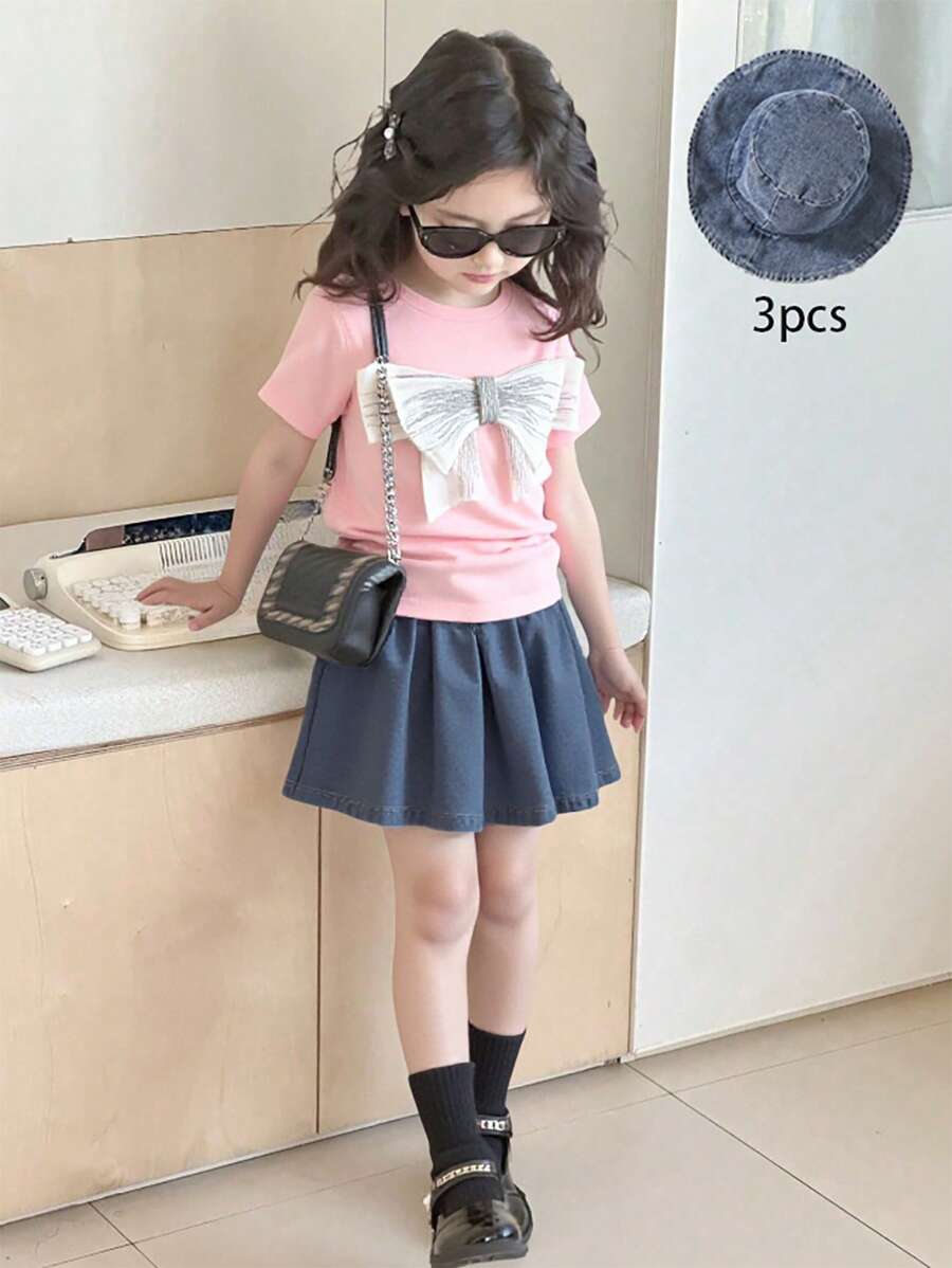 2 件套女童休闲时尚 Y2K 3D 蝴蝶结纯色 T 恤和牛仔裙套装,夏季 - 粉色 - 查看 1