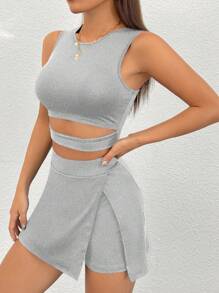 SHEIN PETITE 2pcs/Set Women Solid Color Waist Cutout Cami Top And Slit Hem Skort Set - Light Grey - View 4