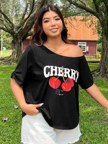 SHEIN EZwear Plus Size Women's Loose Cherry Fruit Print Off Shoulder Short Sleeve Casual T-Shirt