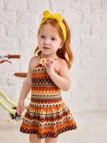 SHEIN Gaun Bayi Perempuan Kasual Sederhana Nyaman Model Halterneck Bergaris Motif Bunga 3D - Jeruk - View 7