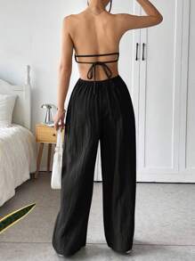 SHEIN EZwear 夏季性感纯色露肩露背连体裤 - 黑色 - 查看 2