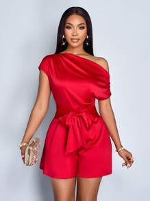 SOLERSUN Bộ đồ liền thân bằng vải satin tay ngắn cổ bẻ không đối xứng thời trang xuân hè cho nữ, màu trơn thanh lịch, thích hợp cho tiệc tùng, kỳ nghỉ và hẹn hò - Đỏ - Xem 6