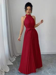 Elenzga Váy chữ A xếp ly cổ bèo nhún ngày lễ tình nhân dành cho nữ - Đỏ - Xem 3