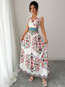 Elenzga Women's V-Neck Cinched Waist Flared Hem Casual Vacation Print Sleeveless Dress - Multicolor - View 4