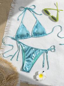 Swim Vcay Solid Color Neck Tie Split Bikini Swimsuit, Summer - Blue - View 2