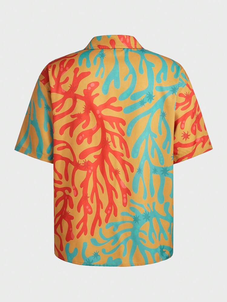 Men's Multi-Color Woven Coral Allover Print Letter Embroidered Slim Fit Turndown Collar Casual Shirt, Suitable For Daily Wear & Vacation, Spring/Summer