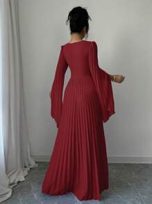 Elenzga Đầm Maxi Nữ Thanh Lịch Lãng Mạn Cổ Chữ V Tay Hở Xếp Ly Trang Phục Nữ - Gỗ đỏ - Xem 2