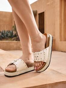 Styleloop Women's Brown Casual Espadrille Wedge Sandals, Straw Braid Fringes Open Toe Platform Bohemian Style - Beige - View 1