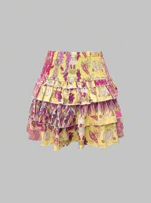 SHEIN EZwear 佩斯利印花荷叶边下摆休闲迷你裙，适合度假 - 彩色 - 查看 2