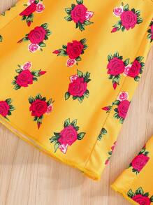2Pcs/Set Young Girls Cartoon Print Round Neck Short Sleeve T-Shirt Paired With Elastic Waist Rose Floral Flare Pants,Casual Sports Outfit For Summer - Yellow - View 5