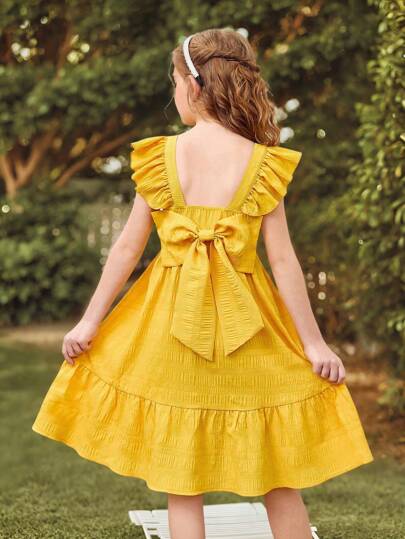 Fern Glow  Tween Girls Elegant Yellow Ruffle Hem Vacation Dress, Summer